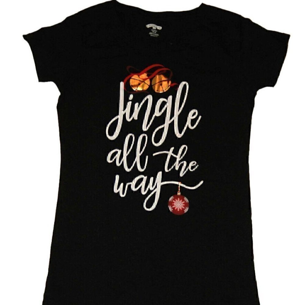 Holiday Time T-Shirt Female Size XS (0-2) Black Jingle All The Way Tee